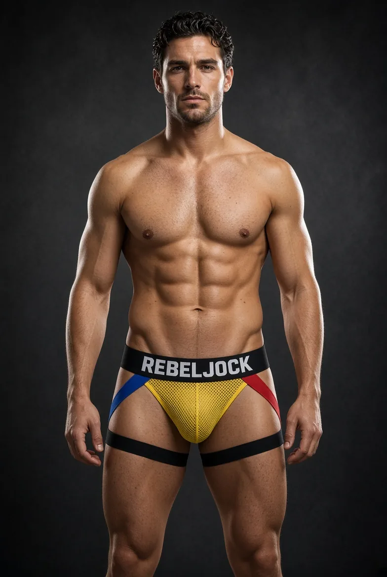 REBELJOCK mesh-front jock with leg straps, front view
